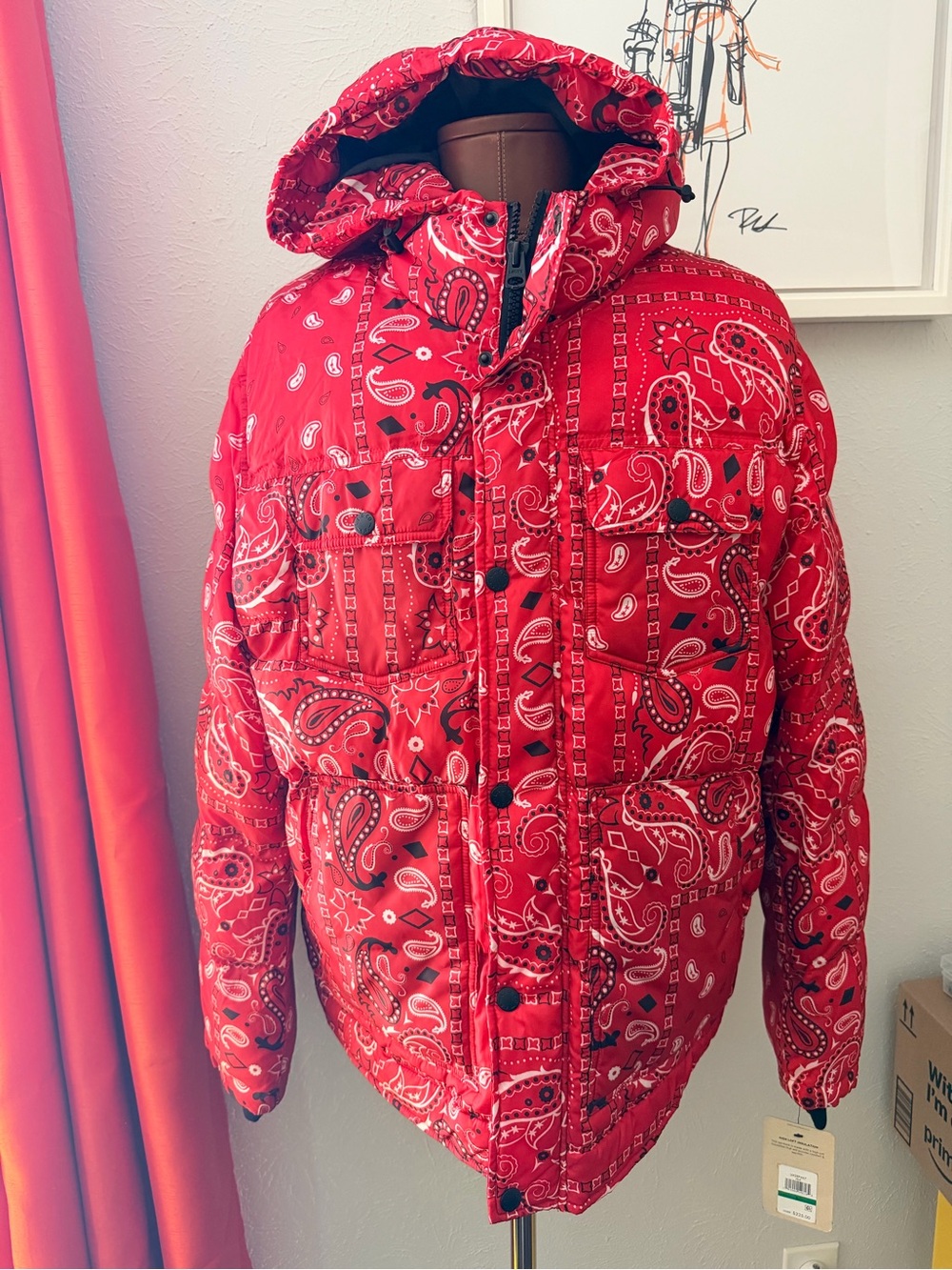 Levi’s Red Bandana-Print Puffer Jacket with Hood